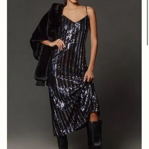 NWT Maeve Sequin Midi Slip Dress Vertical Stripe Navy Silver Black Size Small